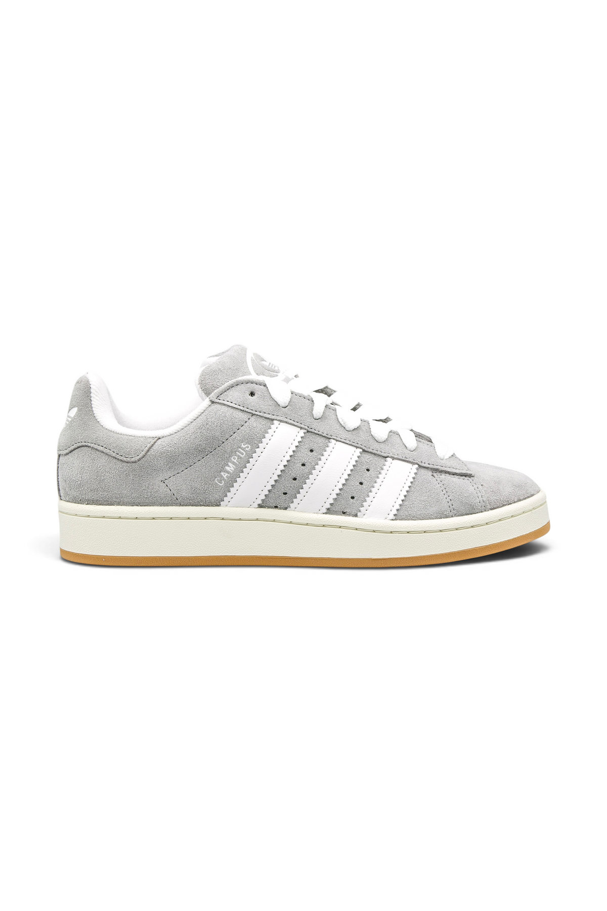 A single dark green suede sneaker shown in a side profile on a clean white background. The shoe features white laces, a white collar, and a brown gum sole.