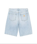 Light wash blue denim shorts shown from the back, featuring two back pockets with a small yellow Carhartt logo patch on the right pocket, set against a plain white background.