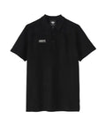 A black short-sleeve polo shirt with a small white Adidas Originals logo patch on the left chest, displayed against a light gray background.