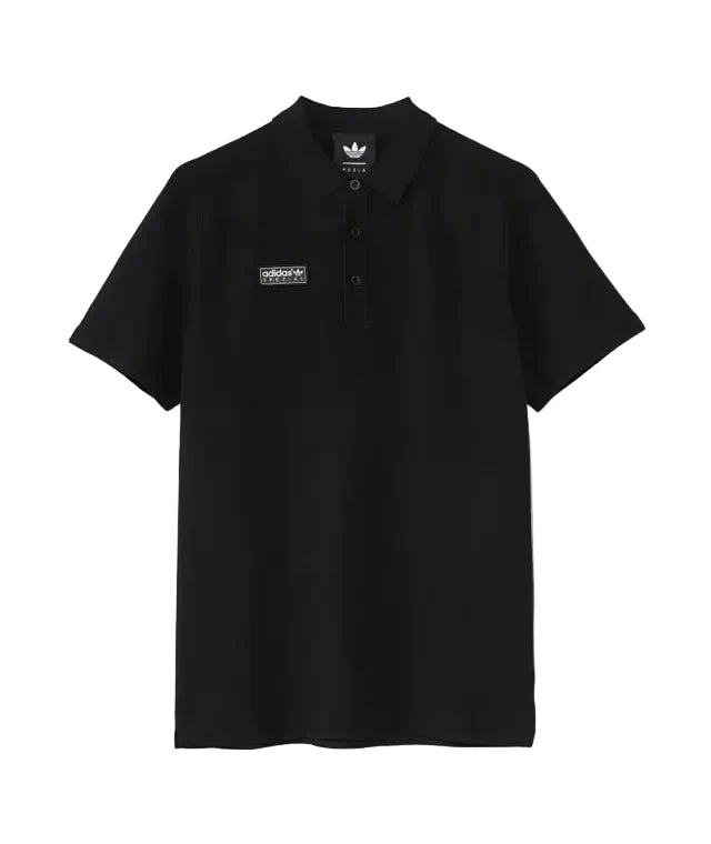 A black short-sleeve polo shirt with a small white Adidas Originals logo patch on the left chest, displayed against a light gray background.