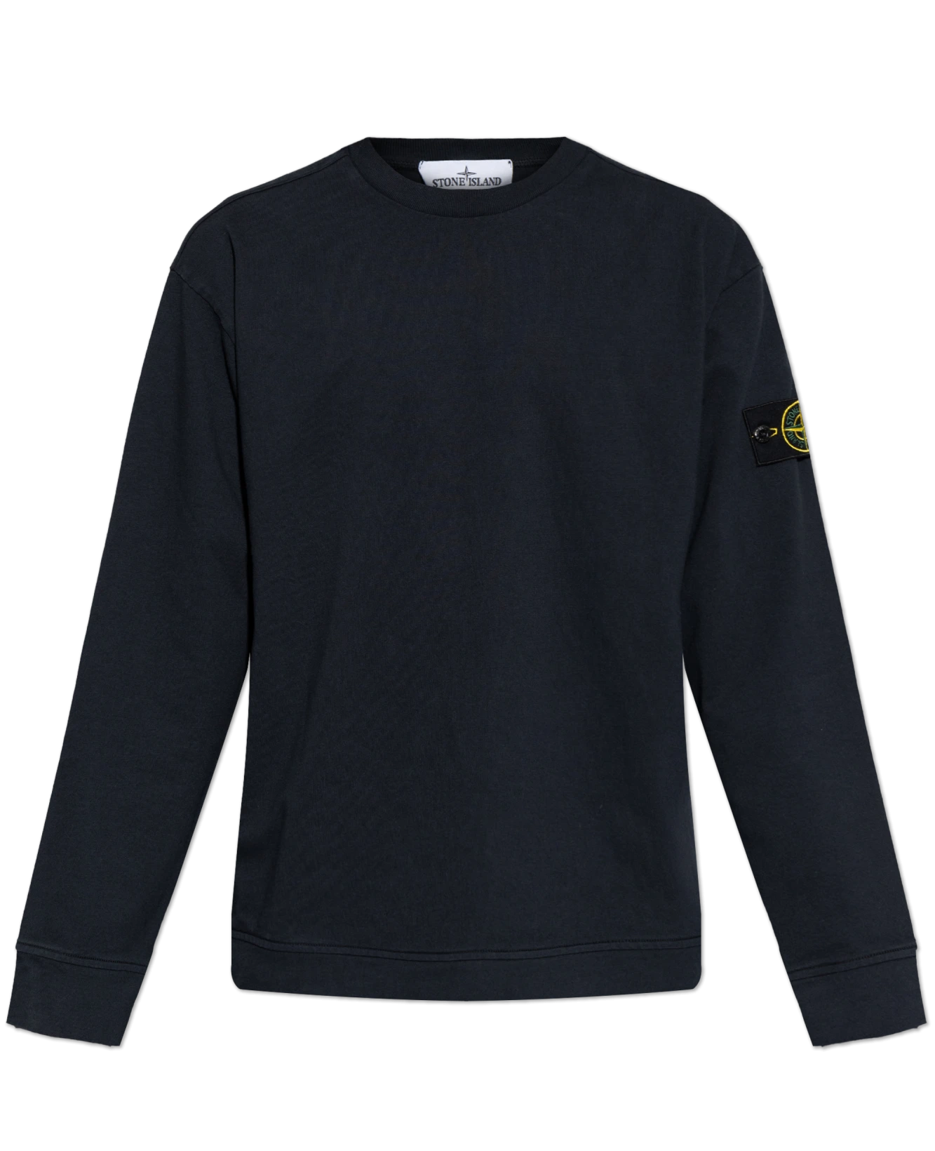 Stone Island navy sweatshirt with a logo on the sleeve against a white background