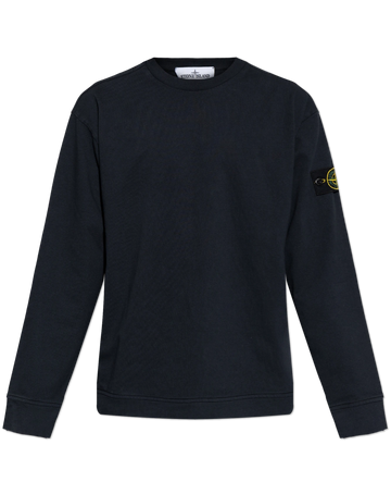 Stone Island navy sweatshirt with a logo on the sleeve against a white background