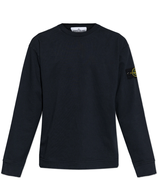 Stone Island navy sweatshirt with a logo on the sleeve against a white background