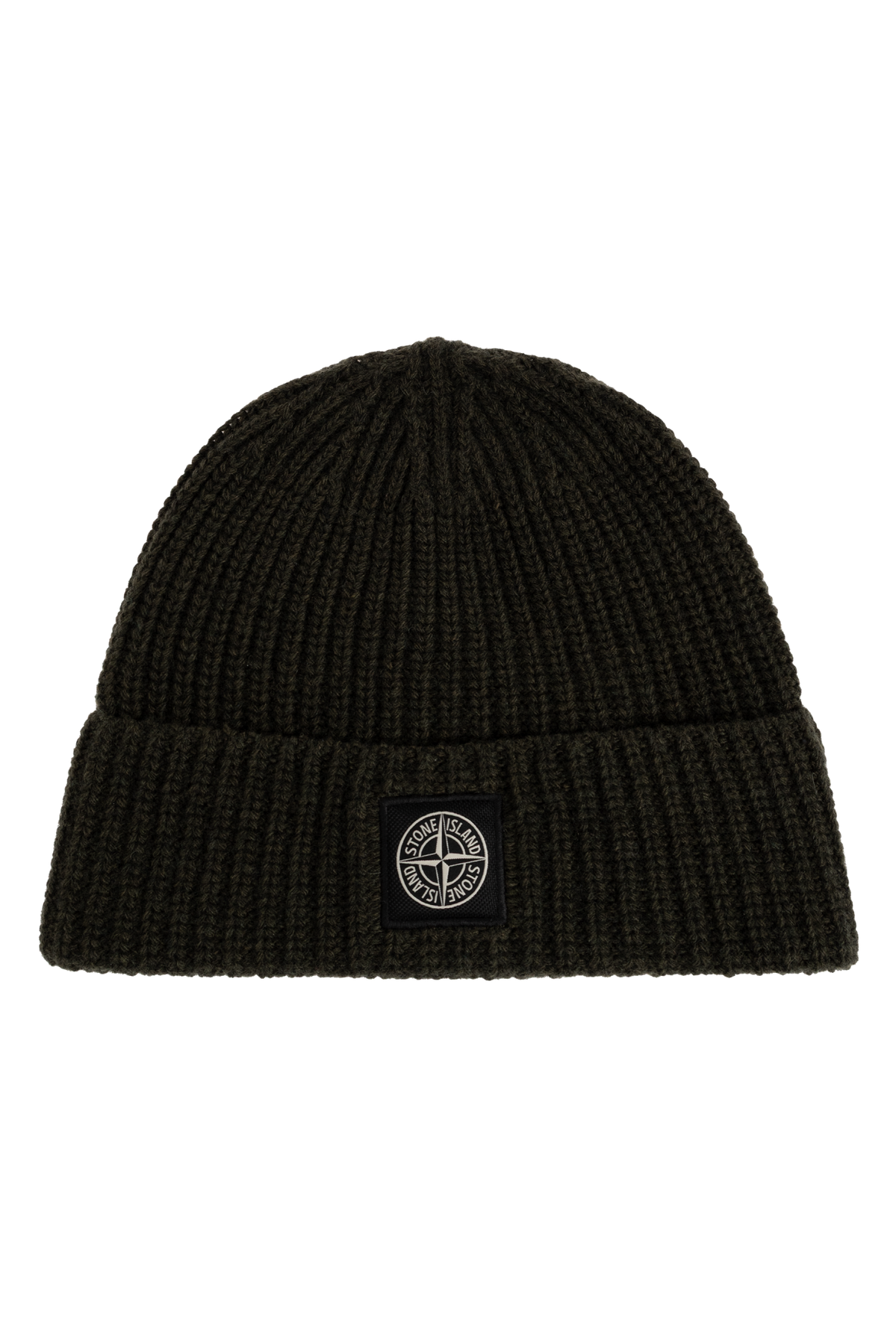 A black ribbed knit beanie hat featuring a small black square patch on the front cuff with the circular Stone Island compass logo. 