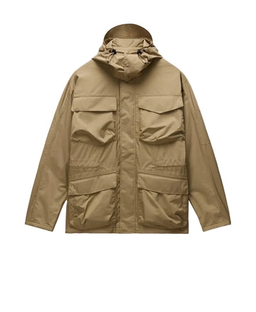 A tan hooded utility Napapijri jacket with multiple front flap pockets