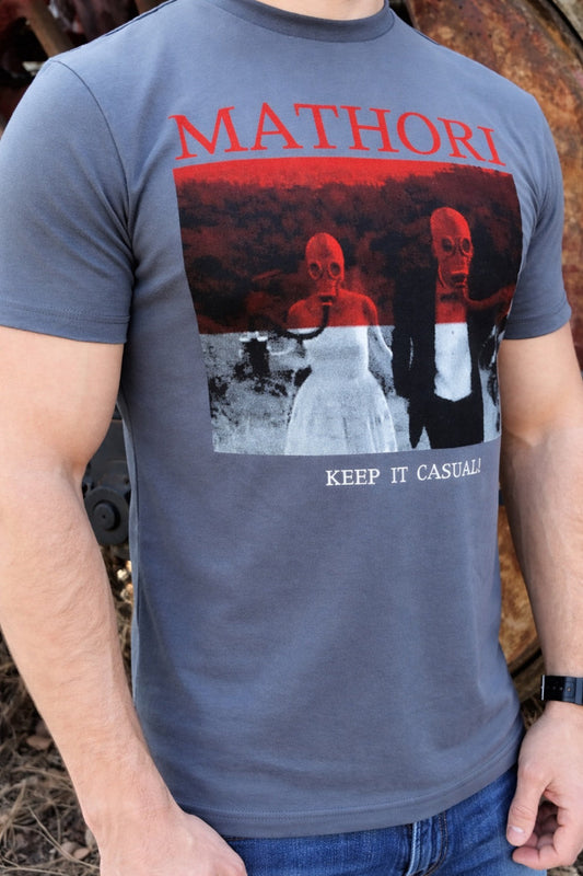 Person wearing a t-shirt with 'Mathori' design and text.