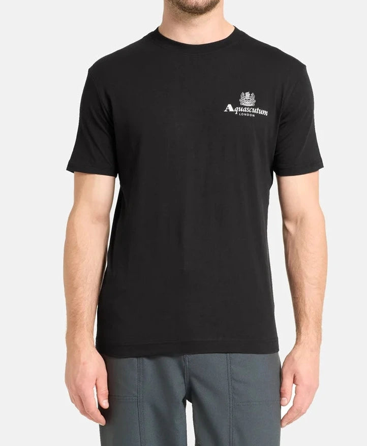 Man wearing a black Aquascutum t-shirt with a logo on a white background