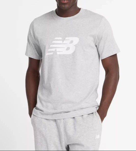 Person wearing a gray New Balance t-shirt on a white background