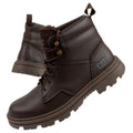 Pair of brown leather boots with a visible brand logo on a white background
