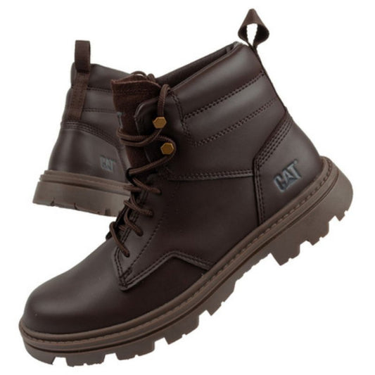 Pair of brown leather boots with a visible brand logo on a white background
