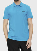 Person wearing a blue polo shirt with 'BOSS' logo on a white background
