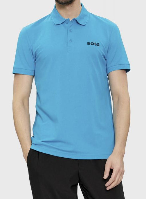 Person wearing a blue polo shirt with 'BOSS' logo on a white background