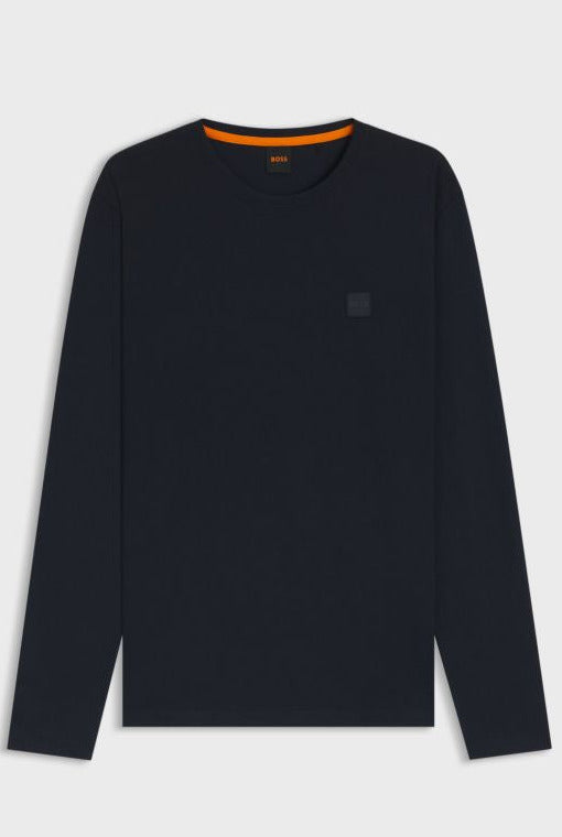 Black long-sleeve shirt on a light gray background