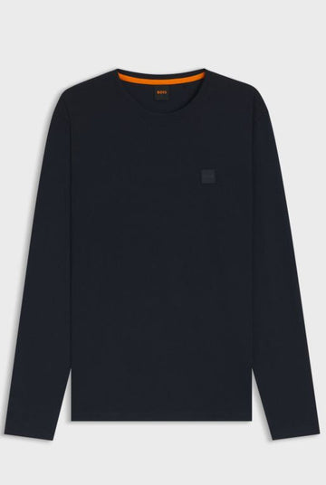 Black long-sleeve shirt on a light gray background