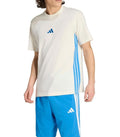 Person wearing a white Adidas t-shirt and blue shorts on a white background