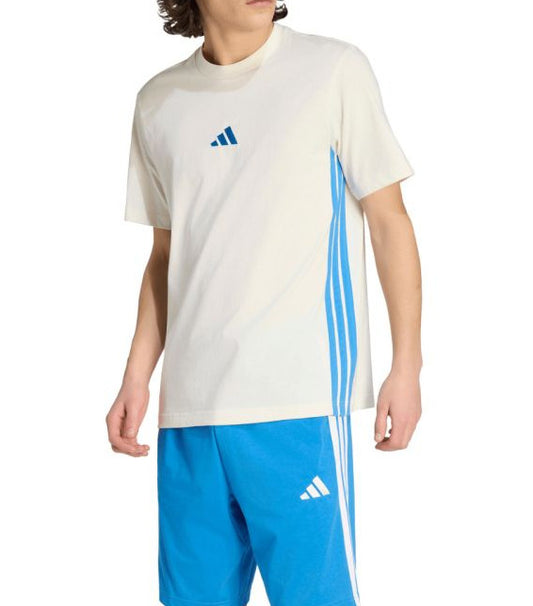 Person wearing a white Adidas t-shirt and blue shorts on a white background
