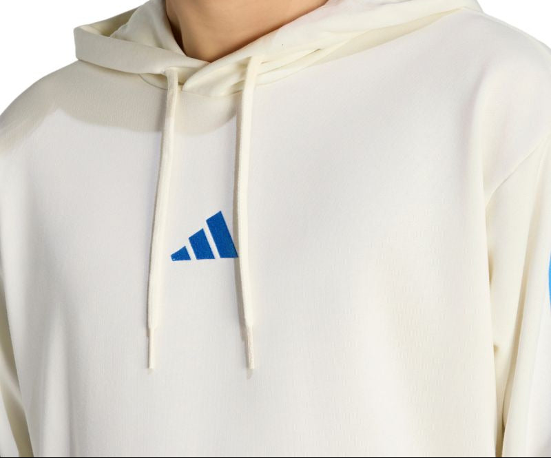 White hoodie with Adidas logo on a white background