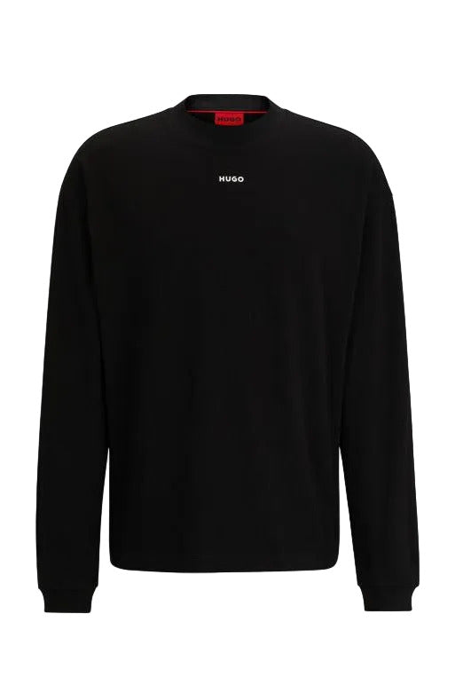 Black sweatshirt with a brand logo on a light gray background