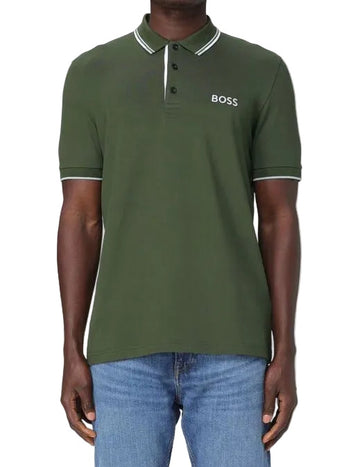 Person wearing a green Boss polo shirt with a brand logo on a white background