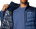 Man wearing a blue Columbia jacket on a white background