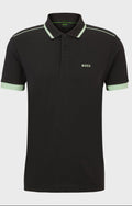 Black Boss polo shirt with white trim on a light gray background