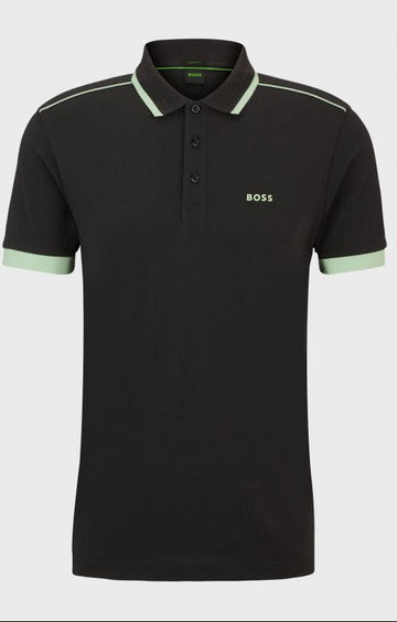 Black Boss polo shirt with white trim on a light gray background