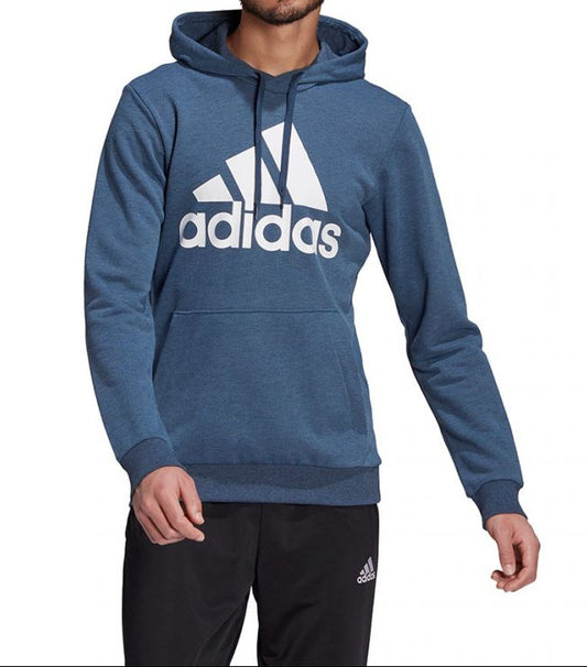 Person wearing a blue Adidas hoodie on a white background