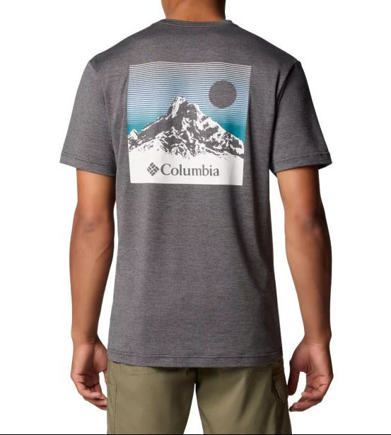 Person wearing a gray Columbia t-shirt with a mountain graphic on the back