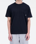 Person wearing a black t-shirt with a small logo on a white background