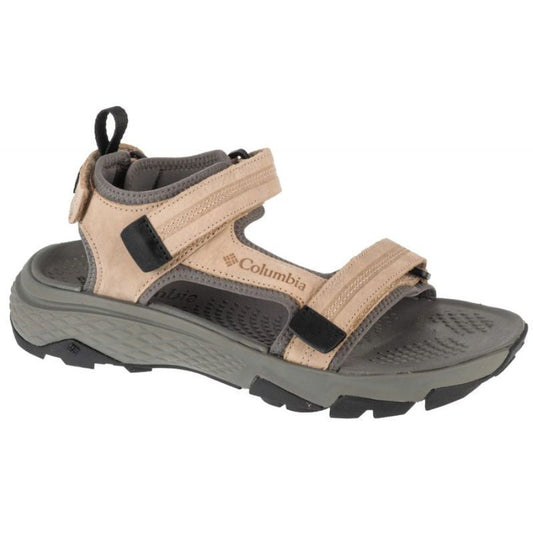 Columbia sandal with beige and gray color scheme on a white background