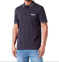 Man wearing a navy blue polo shirt with 'BOSS' logo on a white background