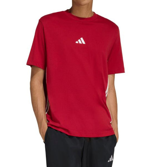 Person wearing a red Adidas t-shirt on a white background