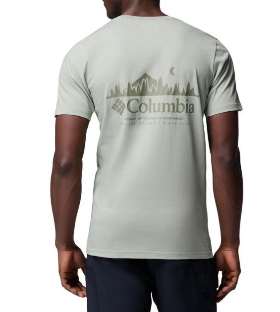 Person wearing a light gray Columbia t-shirt with a mountain graphic on the back.