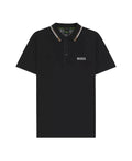 Black polo shirt with 'BOSS' logo on a white background