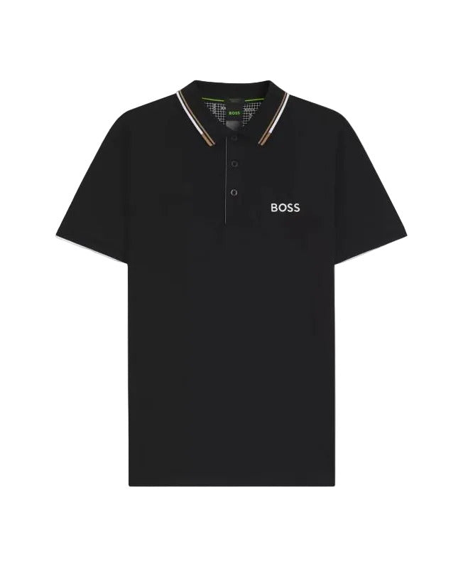 Black polo shirt with 'BOSS' logo on a white background