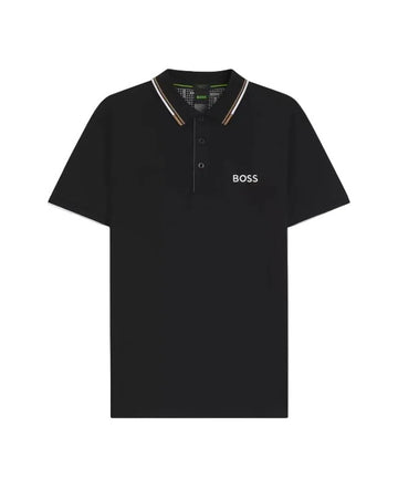 Black polo shirt with 'BOSS' logo on a white background