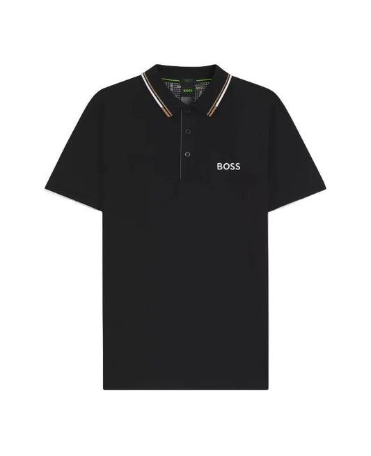 Black polo shirt with 'BOSS' logo on a white background