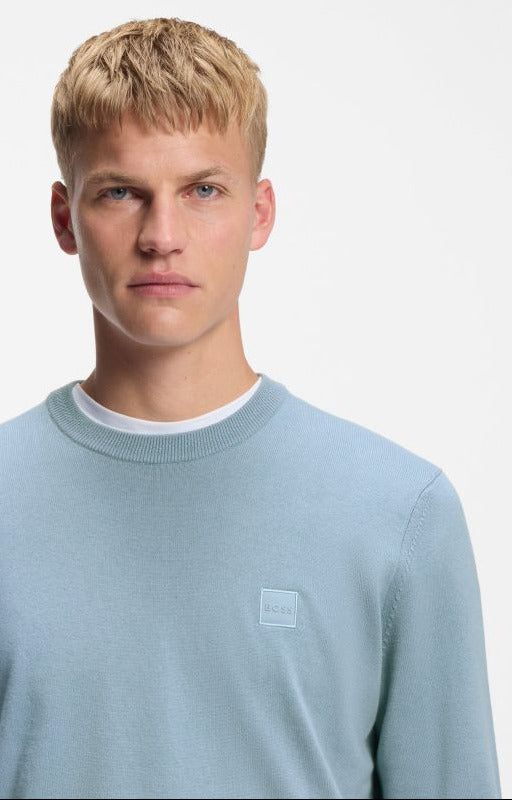 Man wearing a light blue sweater with a logo on a white background