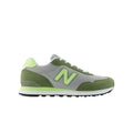 A New Balance sneaker in gray and olive green with neon yellow-green accents