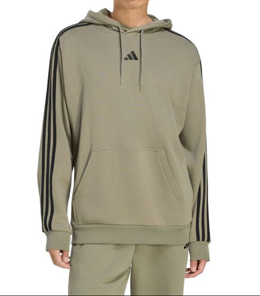 A model wearing an olive green Adidas hoodie with black three-stripes on the sleeves and a black logo on the chest, paired with matching olive green sweatpants, against a plain white background.
