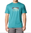 Person wearing a teal Columbia t-shirt with a logo on a white background