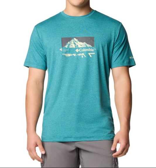 Person wearing a teal Columbia t-shirt with a logo on a white background