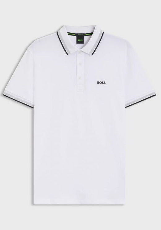 White polo shirt with black trim on a light gray background
