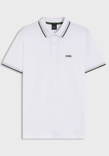 White polo shirt with black trim on a light gray background