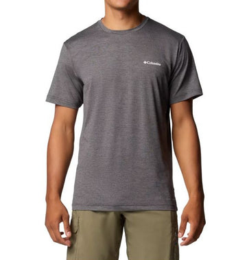 Person wearing a gray Columbia t-shirt on a white background