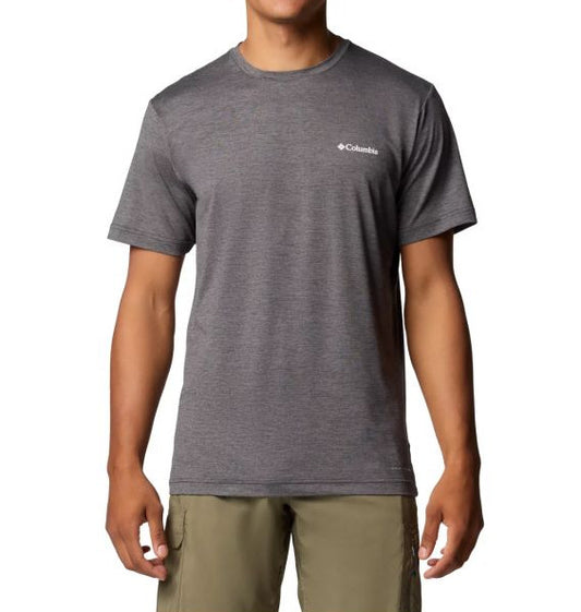 Person wearing a gray Columbia t-shirt on a white background